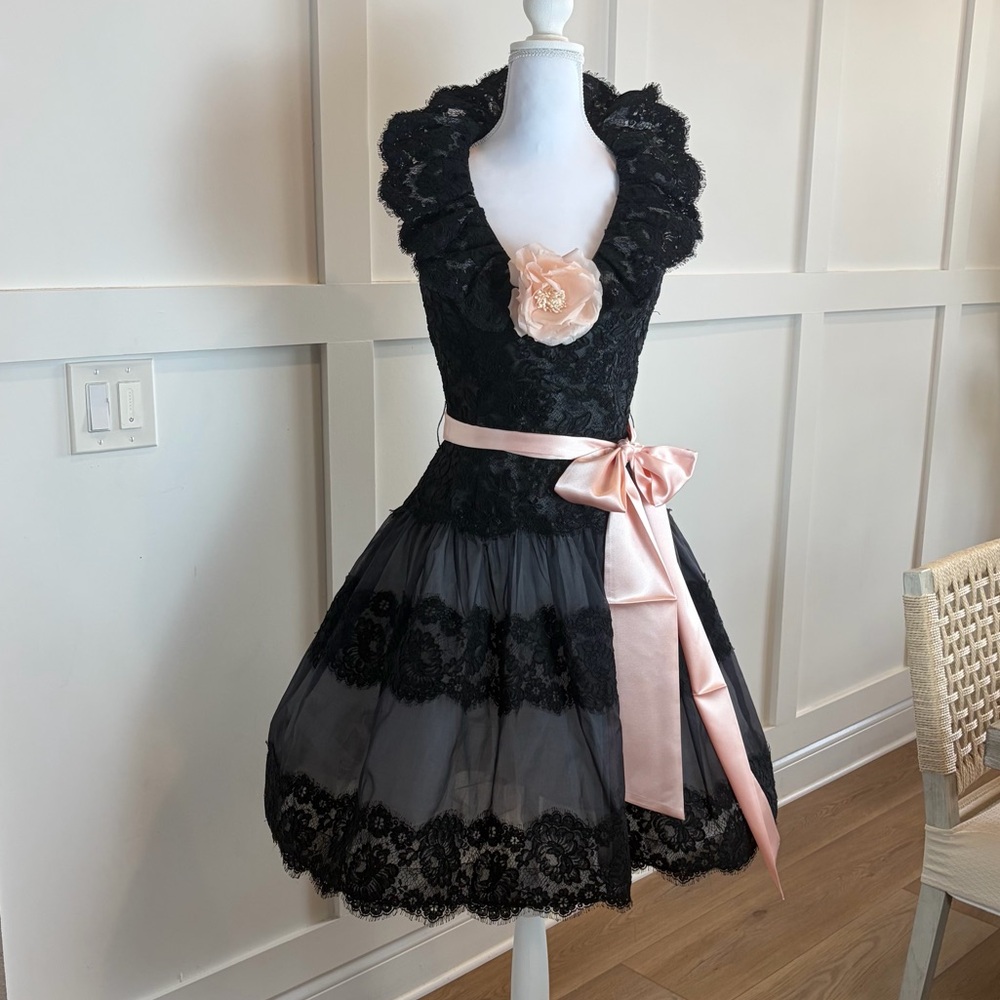 Scaasi Boutique 80s Black Lace Dress Tiered Tulle Skirt Neiman Marcus Glam Rare